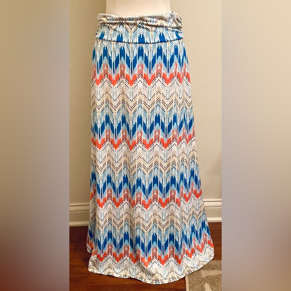 Signature Studio Blue Orange Chevron Print SZ XL Retro 70s Boho Chic Maxi Skirt